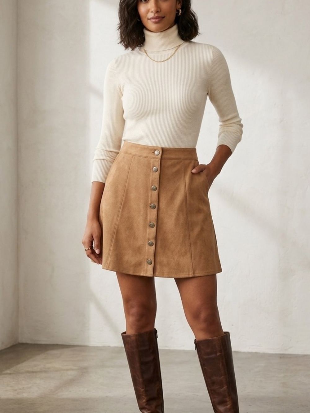Fuinloth Faux Suede Button Front Mini Skirt Tan Boho Cottagecore A-Line Medium